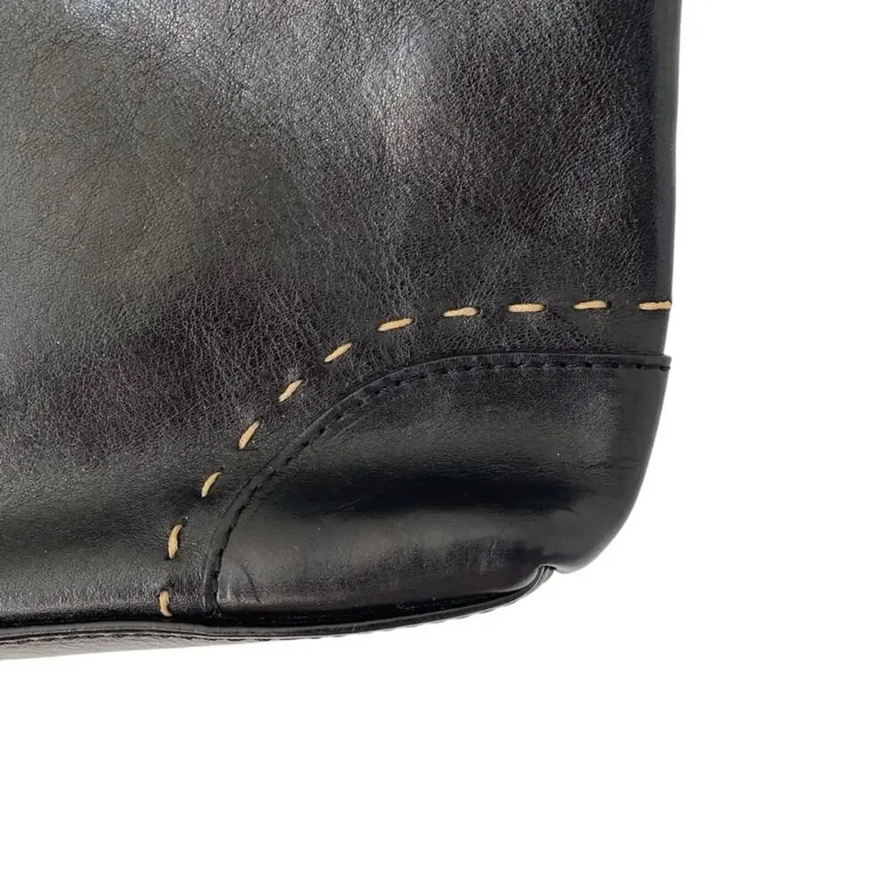 Cuoiera Fiorentina Smooth Black Leather Double Strap Purse Top Stitch Shoulder
